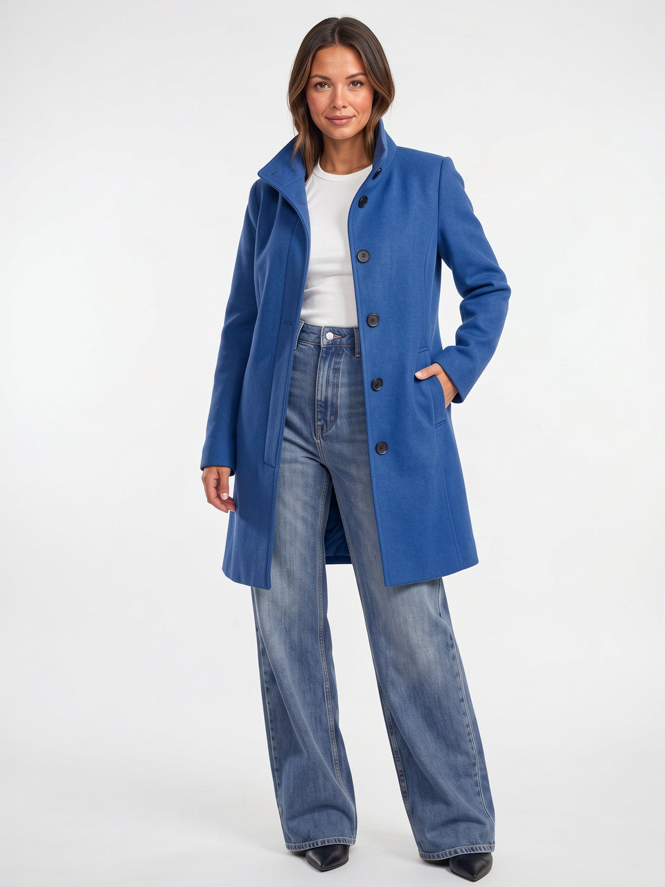 Manteau Laine Long Femme Col Montant Trench Hiver - Bleu S