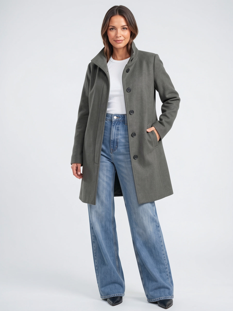 Manteau Laine Long Femme Col Montant Trench Hiver - Gris S