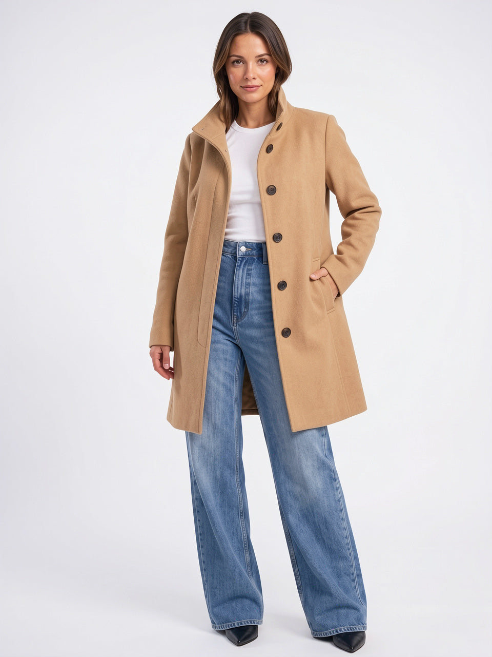 Manteau Laine Long Femme Col Montant Trench Hiver - Marron S