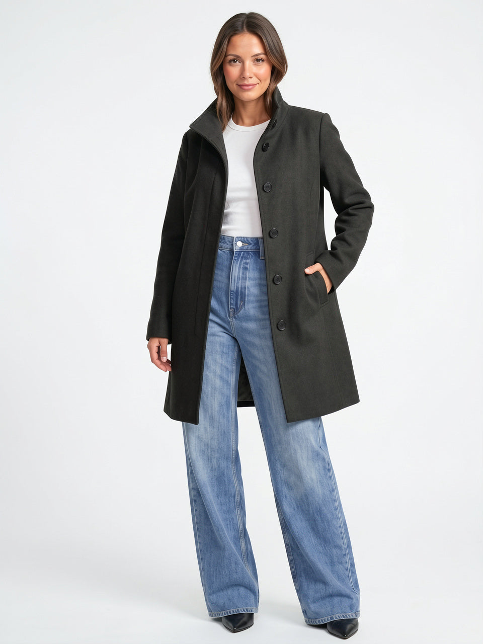 Manteau Laine Long Femme Col Montant Trench Hiver - Noir S