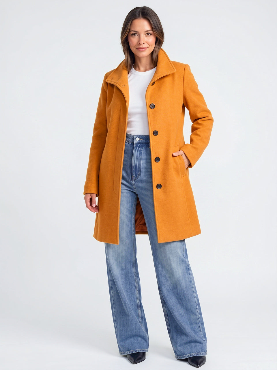 Manteau Laine Long Femme Col Montant Trench Hiver - Orange S