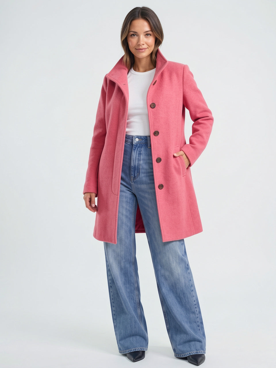 Manteau Laine Long Femme Col Montant Trench Hiver - Rose S