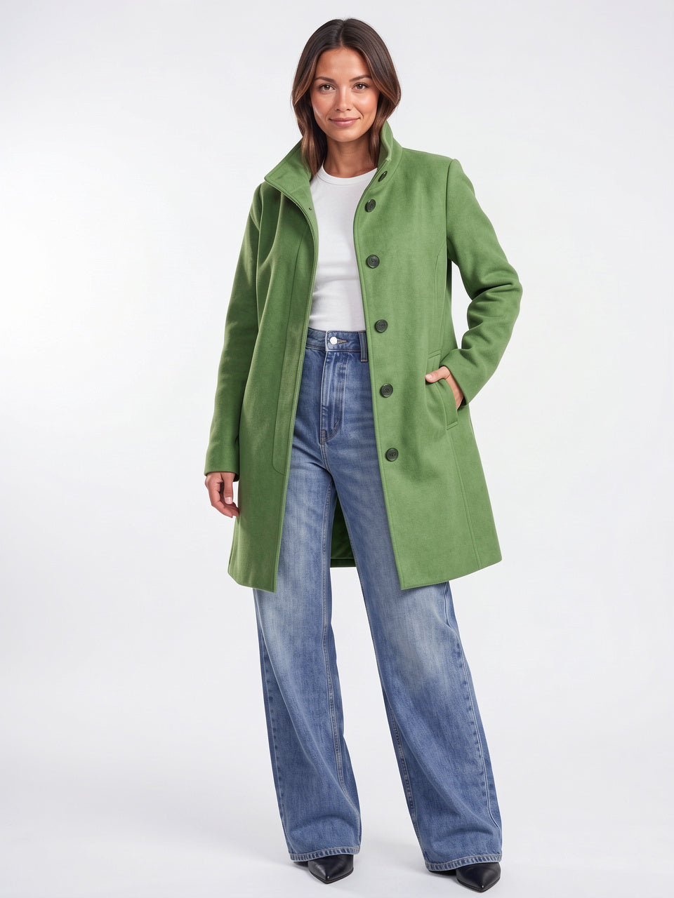 Manteau Laine Long Femme Col Montant Trench Hiver - Vert Clair S