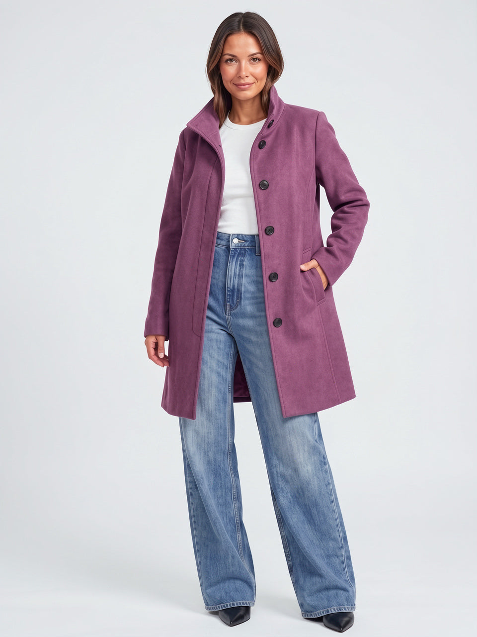 Manteau Laine Long Femme Col Montant Trench Hiver - Violet S