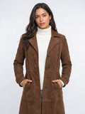 Manteau Long Femme Coupe Droite Effet Daim Hiver - Brun Foncé S