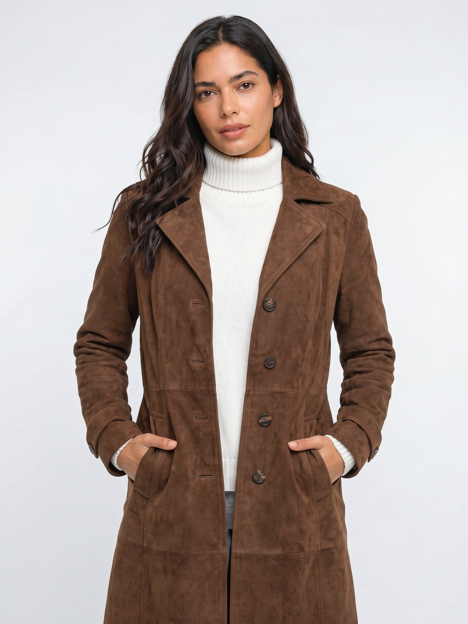 Manteau Long Femme Coupe Droite Effet Daim Hiver - Brun Foncé S