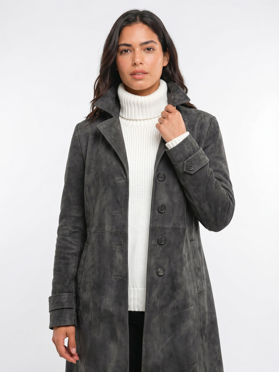 Manteau Long Femme Coupe Droite Effet Daim Hiver - Gris Foncé S