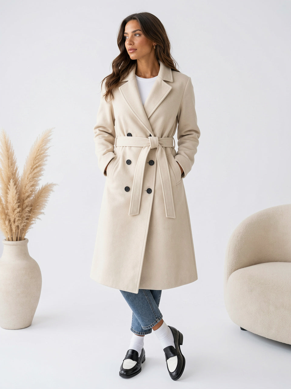Manteau Long Polyester Femme Double Bouton Col Revers - Kaki XS