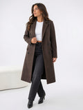 Manteau Long Polyester Femme Double Bouton Col Revers - Marron Foncé XS