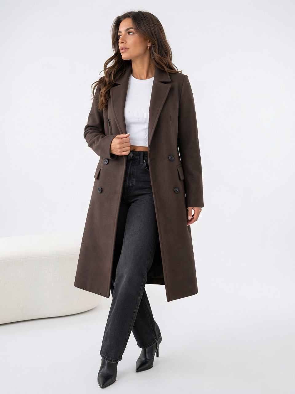 Manteau Long Polyester Femme Double Bouton Col Revers - Marron Foncé XS