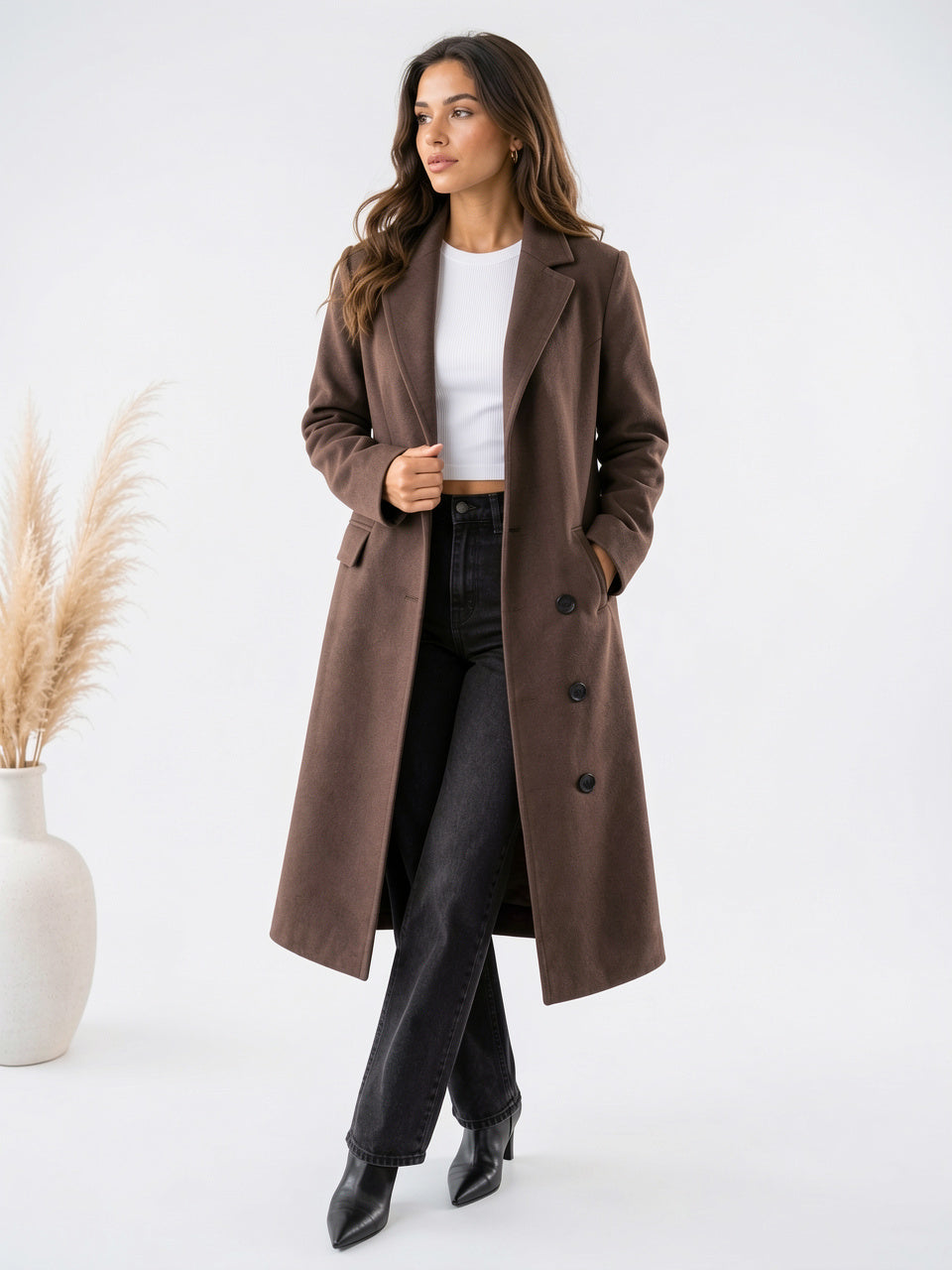Manteau Long Polyester Femme Double Bouton Col Revers - Marron XS