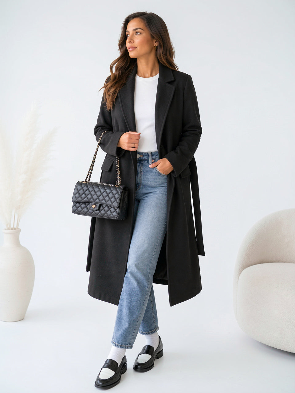Manteau Long Polyester Femme Double Bouton Col Revers - Noir XS