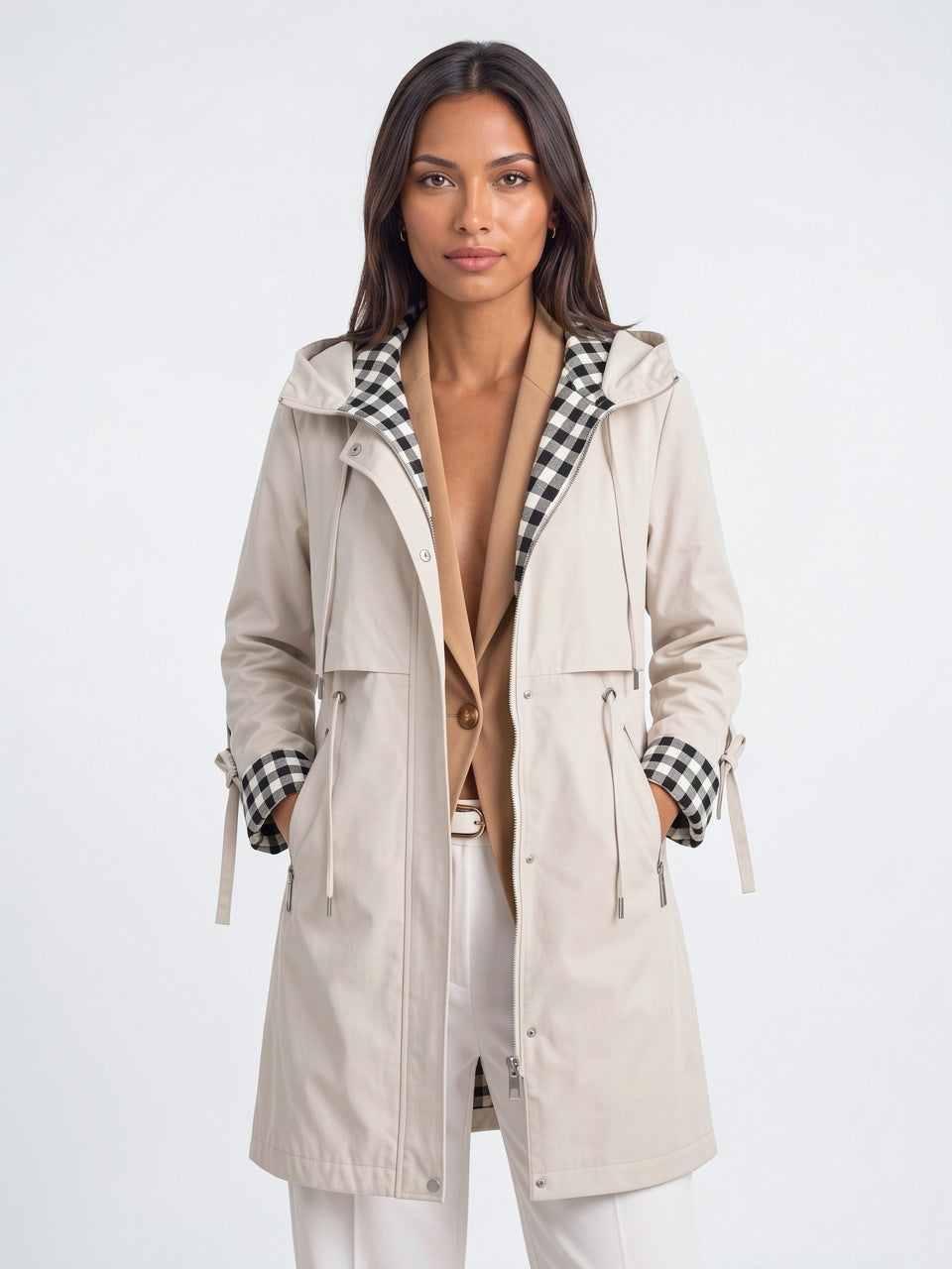 Parka Longue Imperméable Capuche Femme Trench Zippée Léger - Crème S