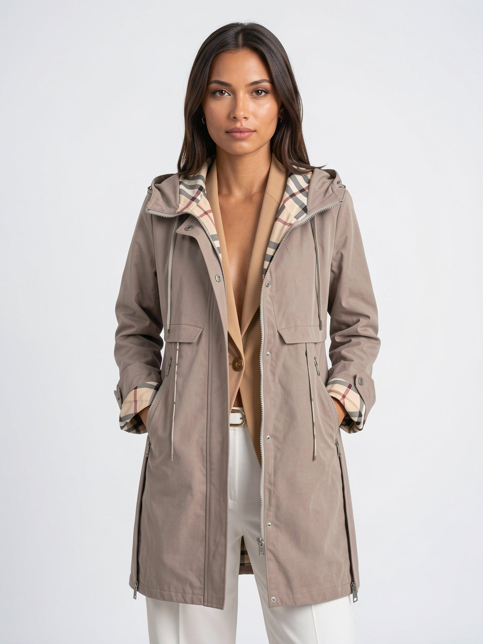 Parka Longue Imperméable Capuche Femme Trench Zippée Léger - Kaki S