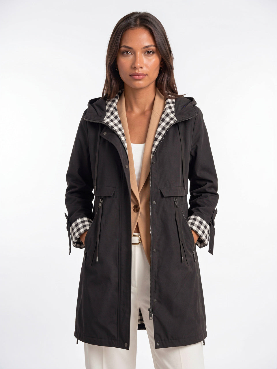 Parka Longue Imperméable Capuche Femme Trench Zippée Léger - Noir S