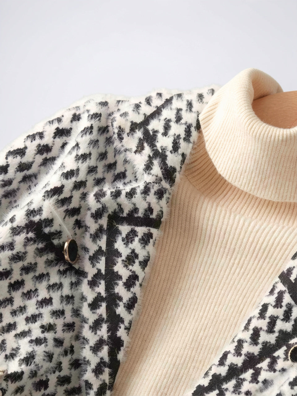 Pied-de-poule Veste Tricot Femme Double Boutonnage - 13