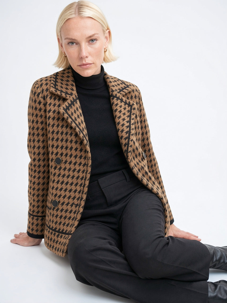 Pied-de-poule Veste Tricot Femme Double Boutonnage - 2