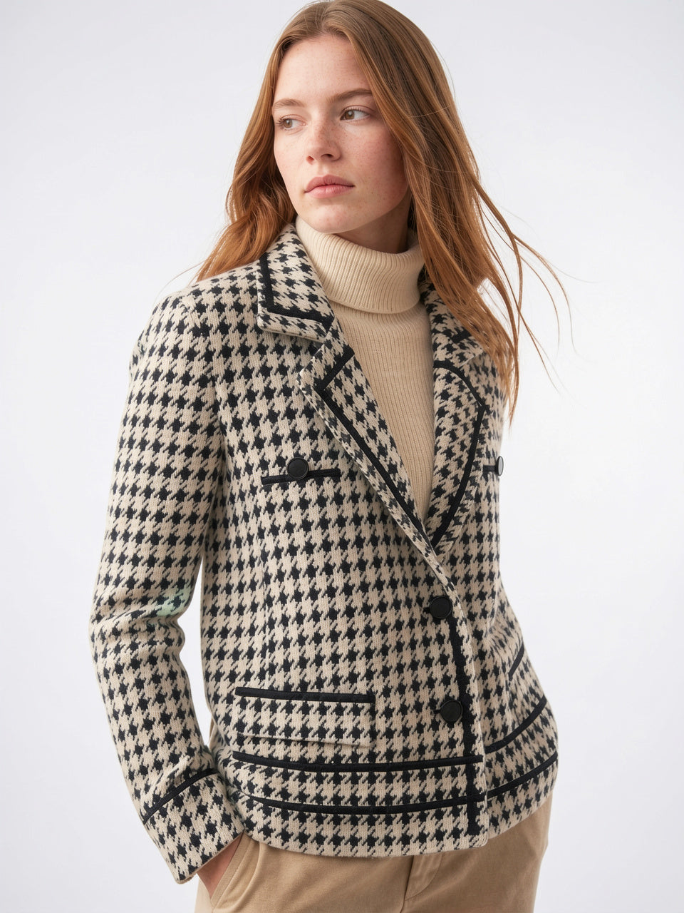 Pied-de-poule Veste Tricot Femme Double Boutonnage - 3