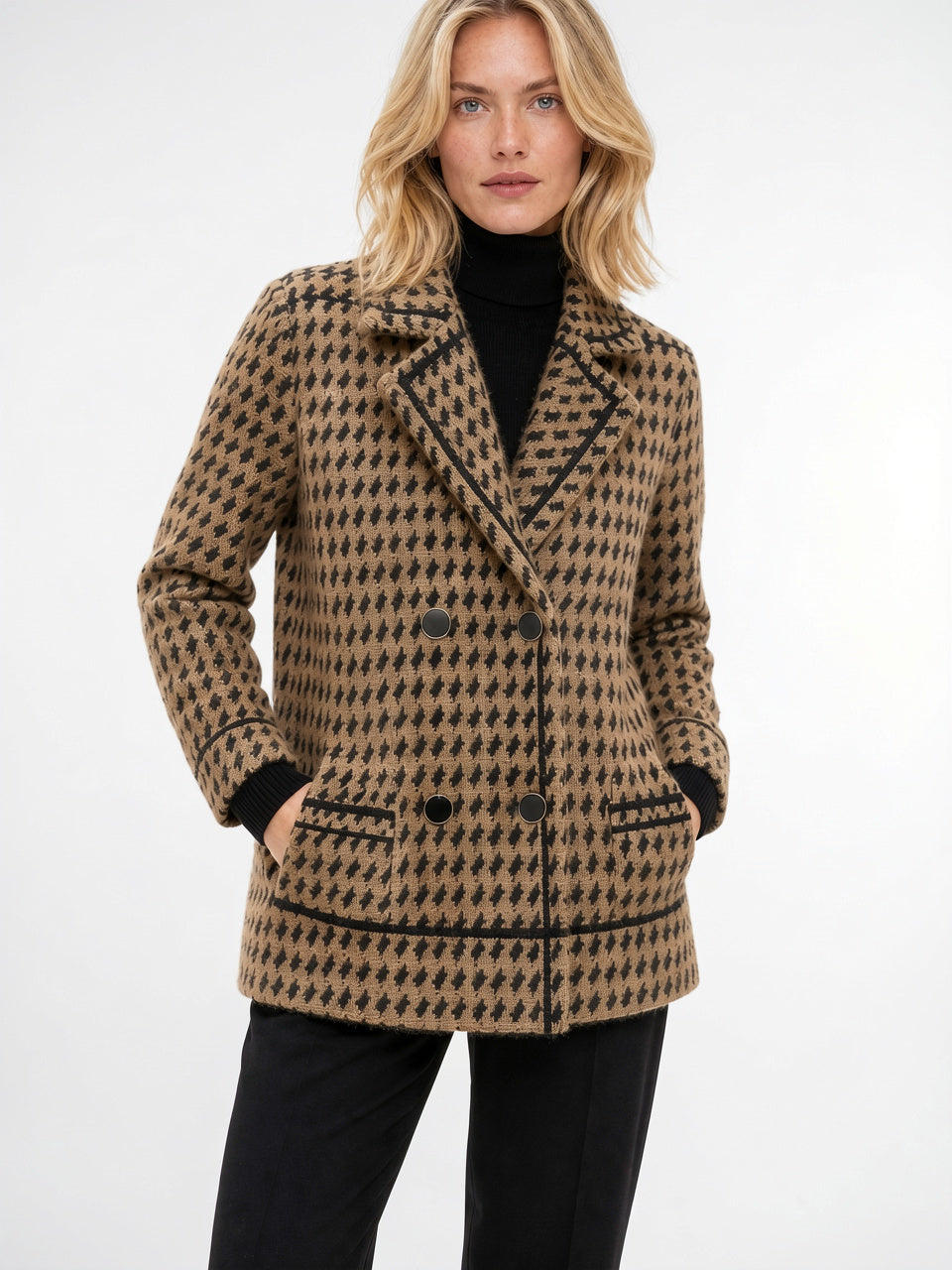 Pied-de-poule Veste Tricot Femme Double Boutonnage - 5
