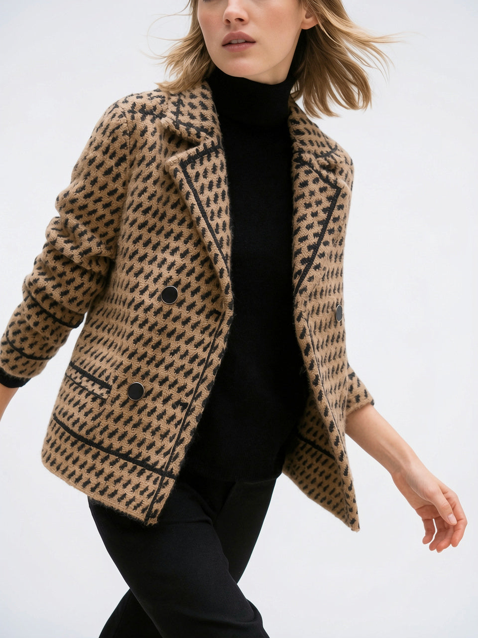 Pied-de-poule Veste Tricot Femme Double Boutonnage - 7