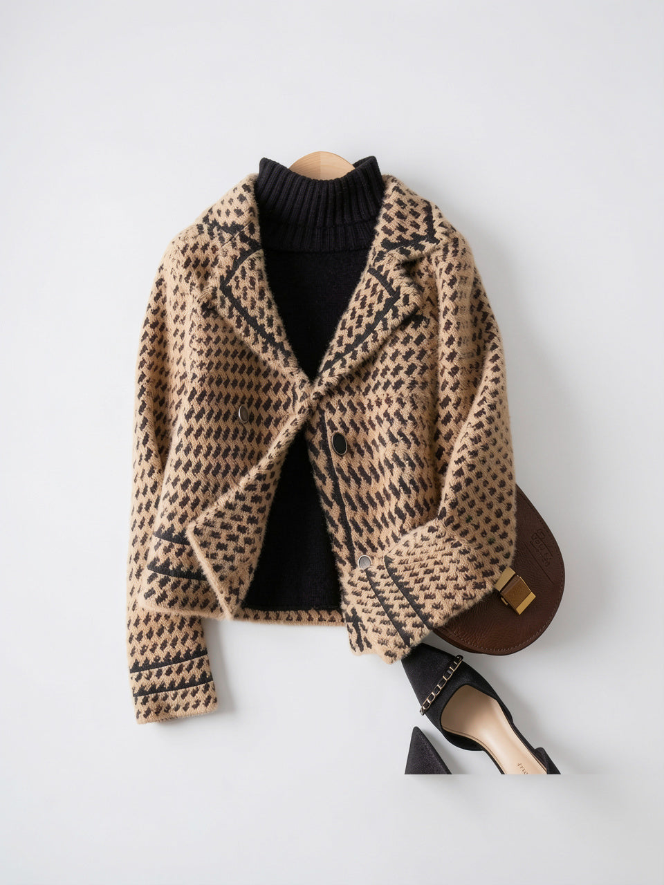 Pied-de-poule Veste Tricot Femme Double Boutonnage - 8