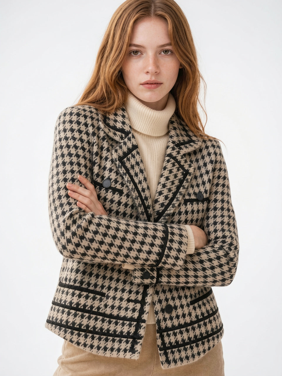 Pied-de-poule Veste Tricot Femme Double Boutonnage - Blanc S