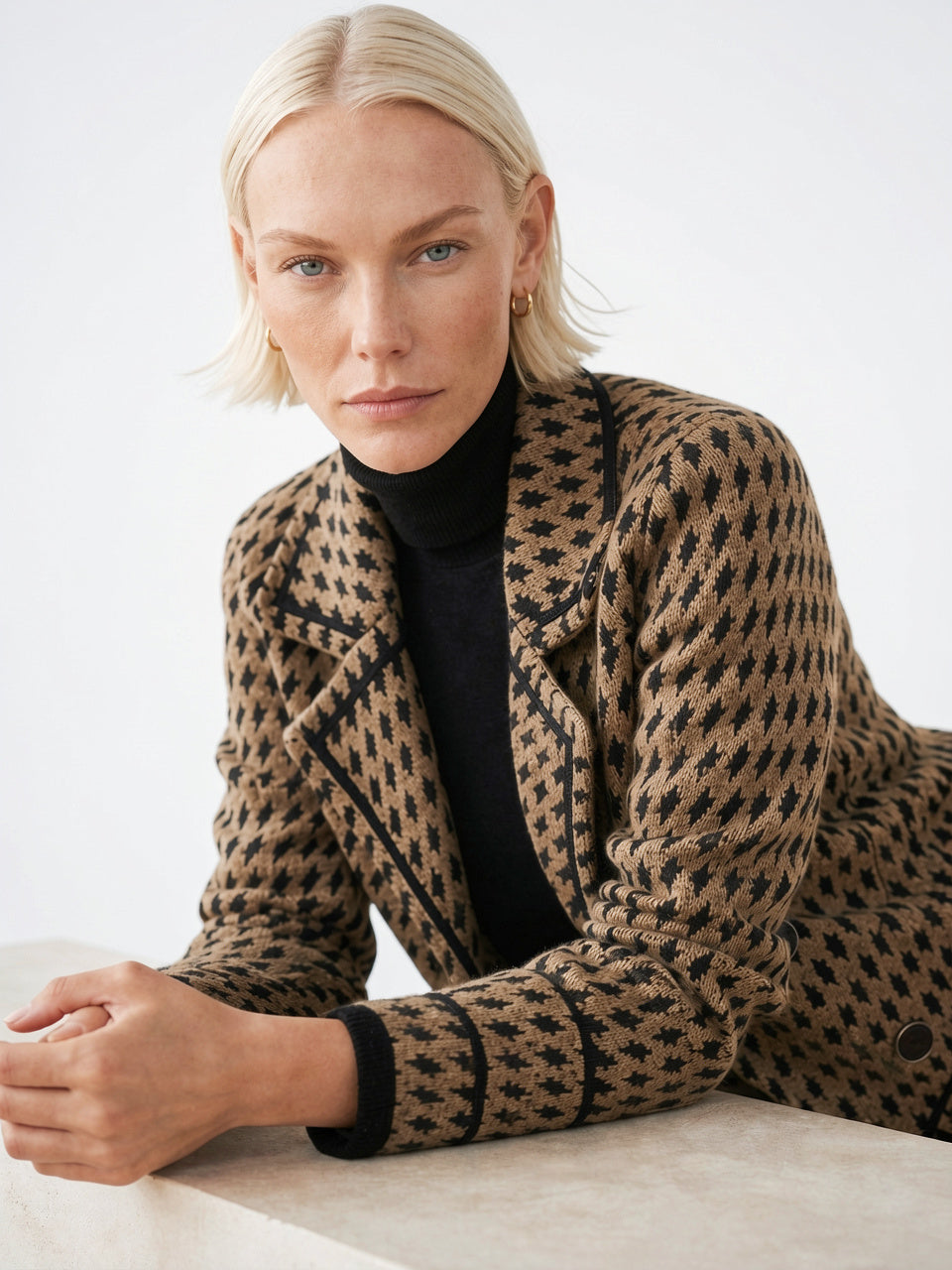 Pied-de-poule Veste Tricot Femme Double Boutonnage - Camel S