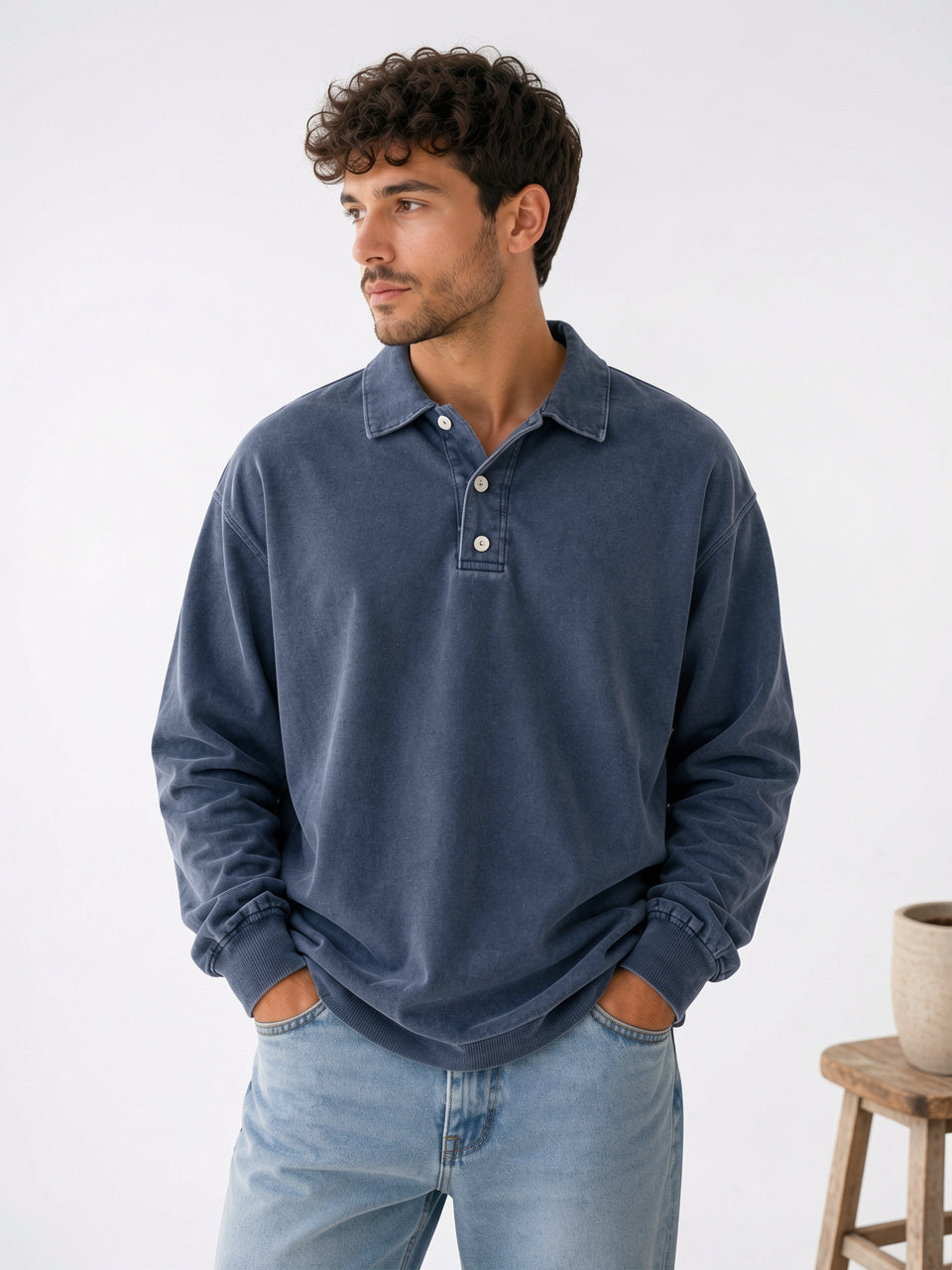 Polo Homme Pull Décontracté Coton Manches Longues - Bleu Foncé S