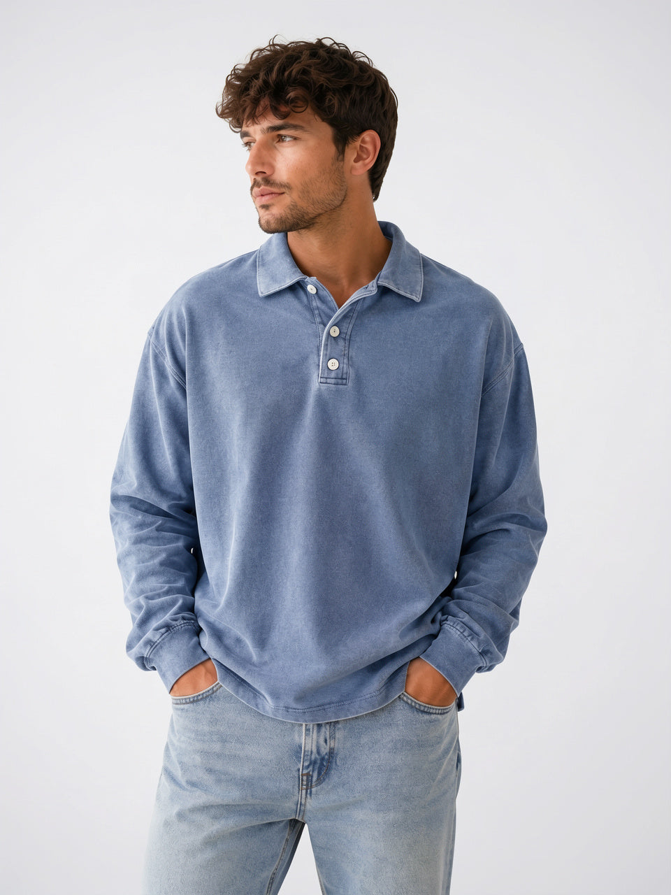 Polo Homme Pull Décontracté Coton Manches Longues - Bleu S