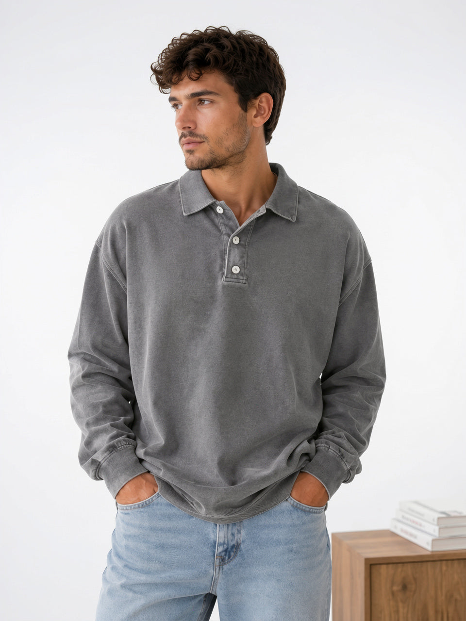 Polo Homme Pull Décontracté Coton Manches Longues - Gris S