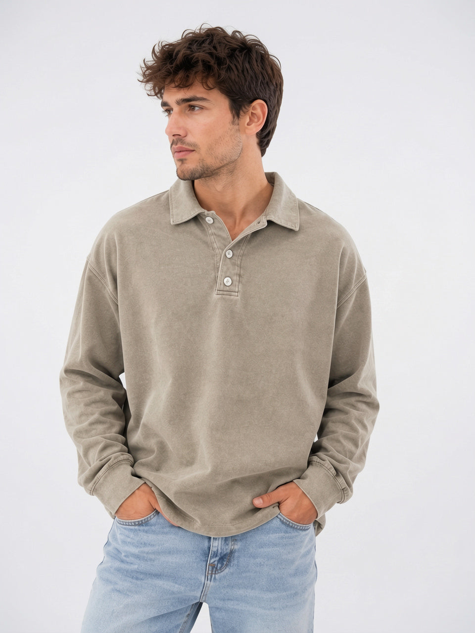 Polo Homme Pull Décontracté Coton Manches Longues - Kaki S