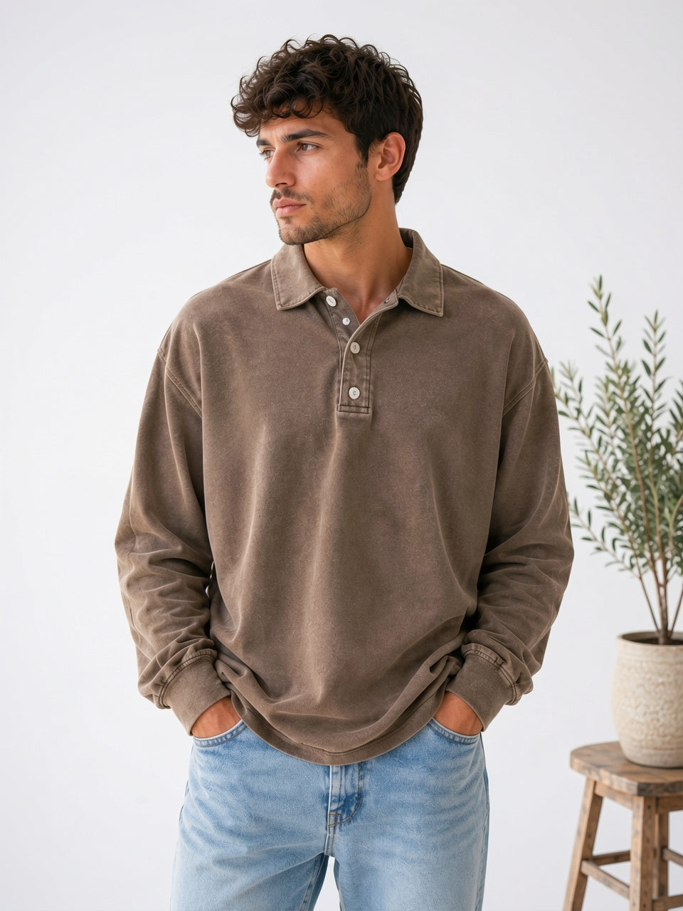 Polo Homme Pull Décontracté Coton Manches Longues - Marron S