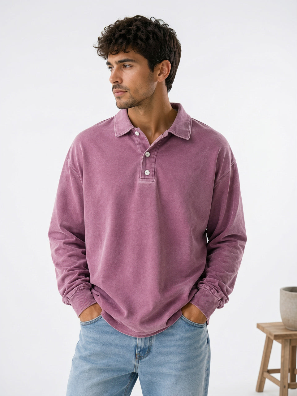 Polo Homme Pull Décontracté Coton Manches Longues - Rose S
