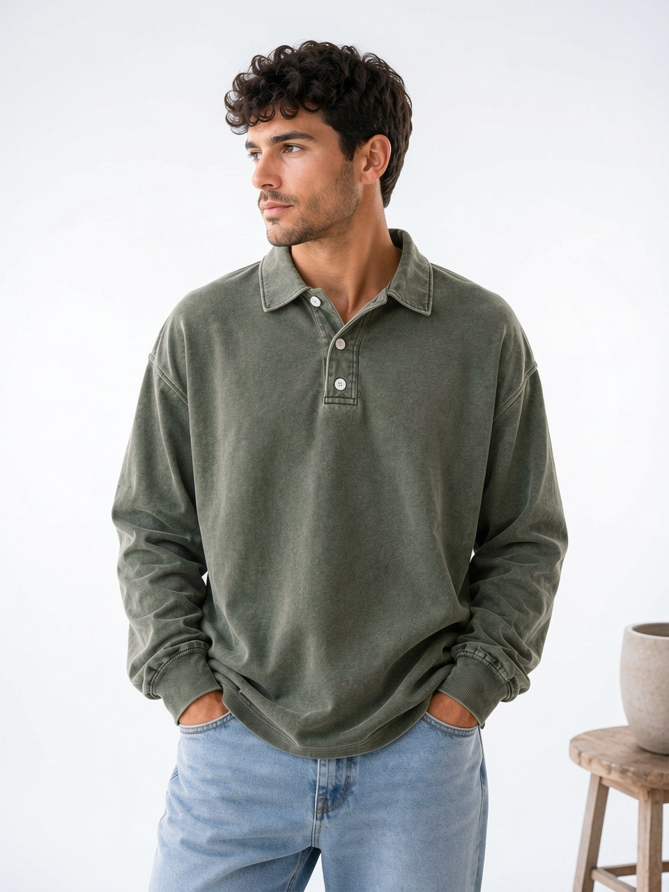 Polo Homme Pull Décontracté Coton Manches Longues - Vert Foncé S