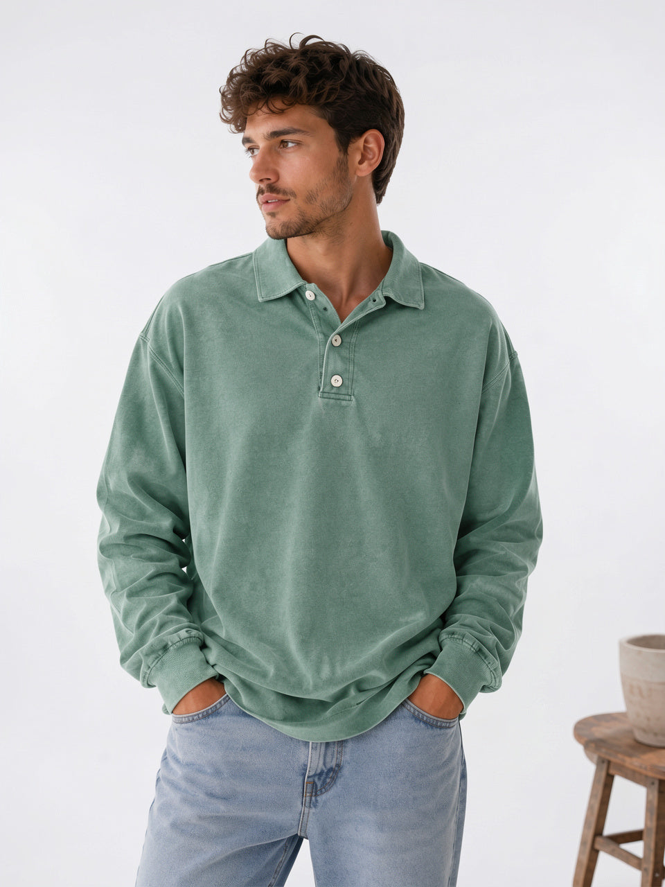 Polo Homme Pull Décontracté Coton Manches Longues - Vert S