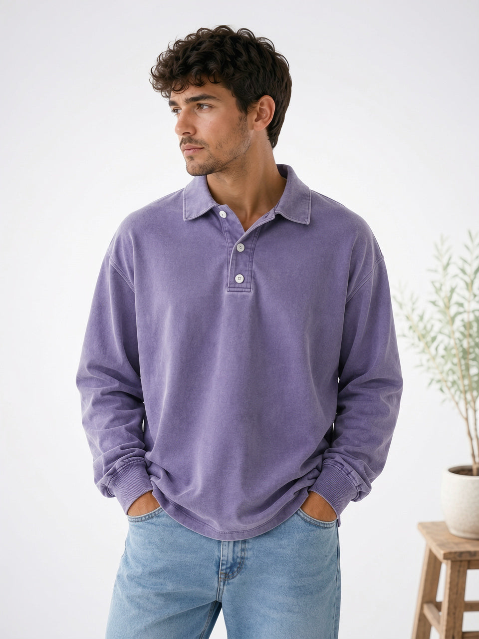 Polo Homme Pull Décontracté Coton Manches Longues - Violet S