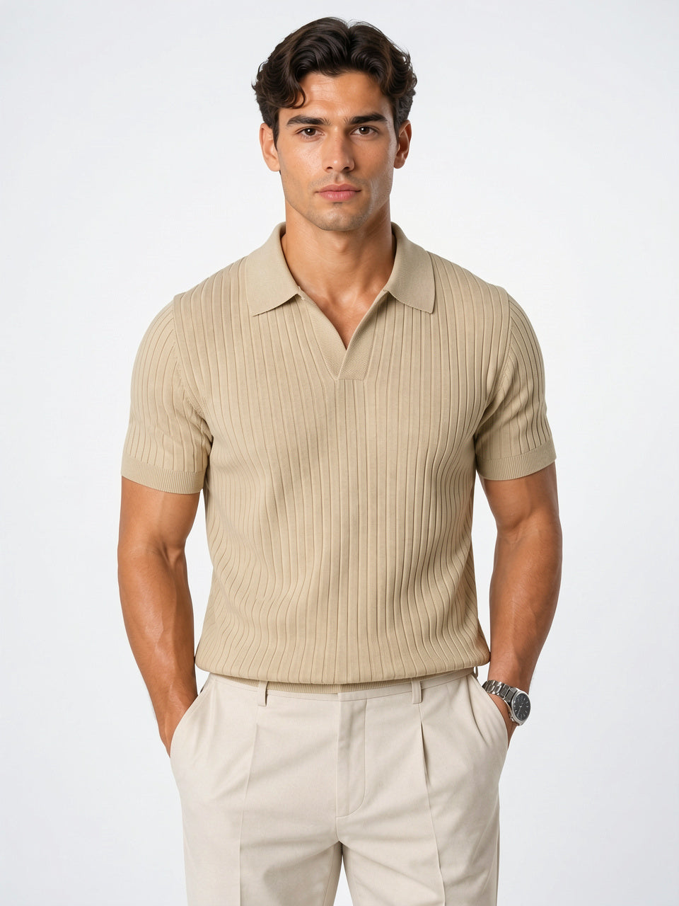 Polo Tricot Côtelé Homme Léger Coupe Respirante Été - Beige S