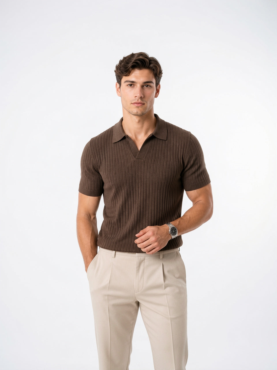 Polo Tricot Côtelé Homme Léger Coupe Respirante Été - Marron S