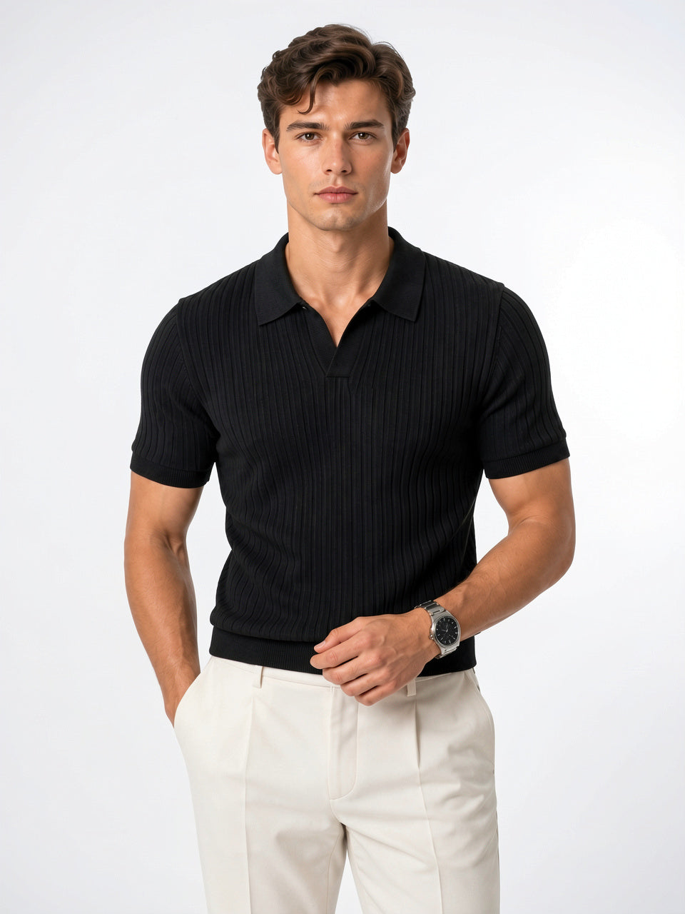 Polo Tricot Côtelé Homme Léger Coupe Respirante Été - Noir S