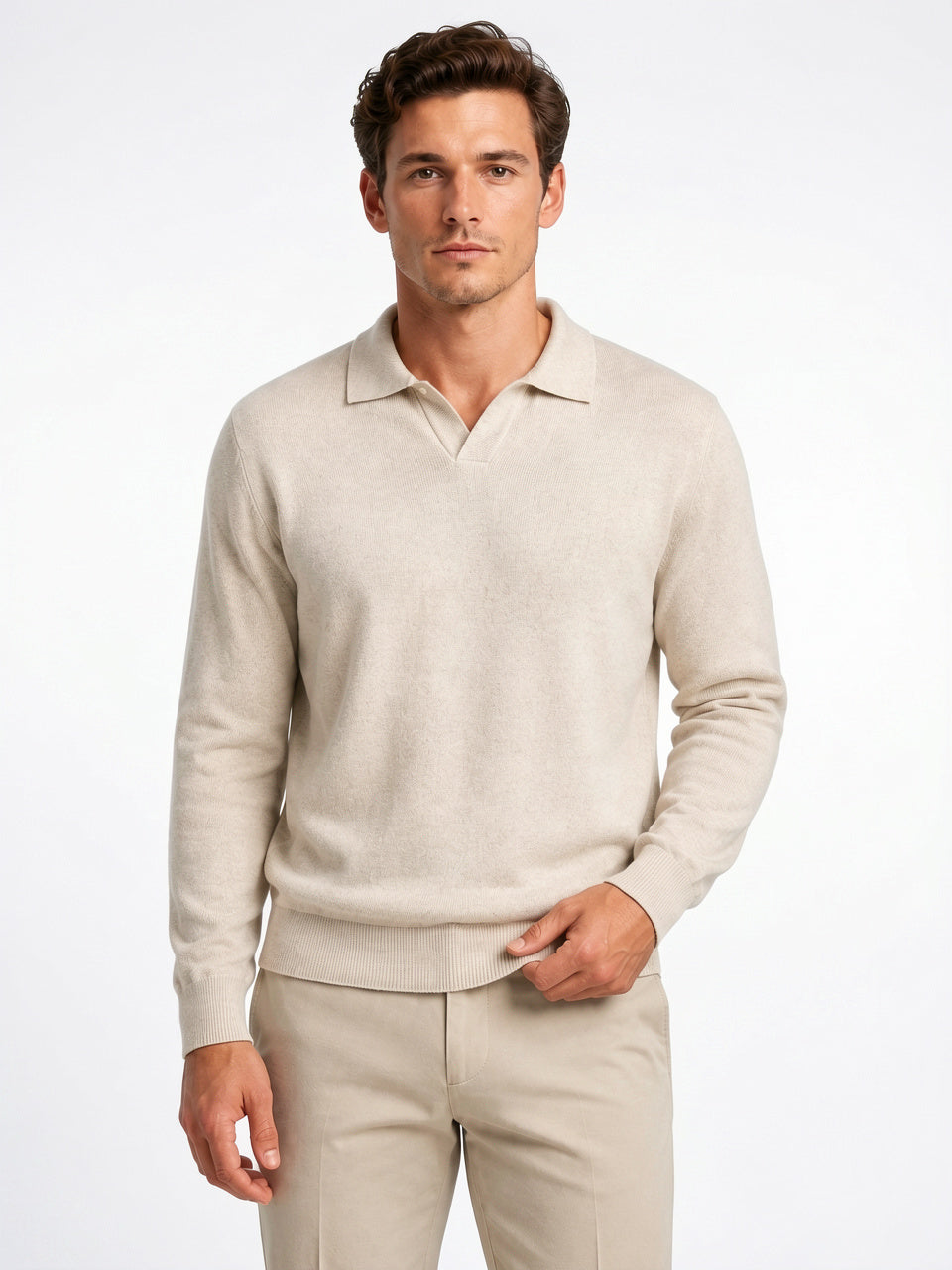 Polo Tricoté Col Ouvert Homme Maille Manches Longues - Beige M