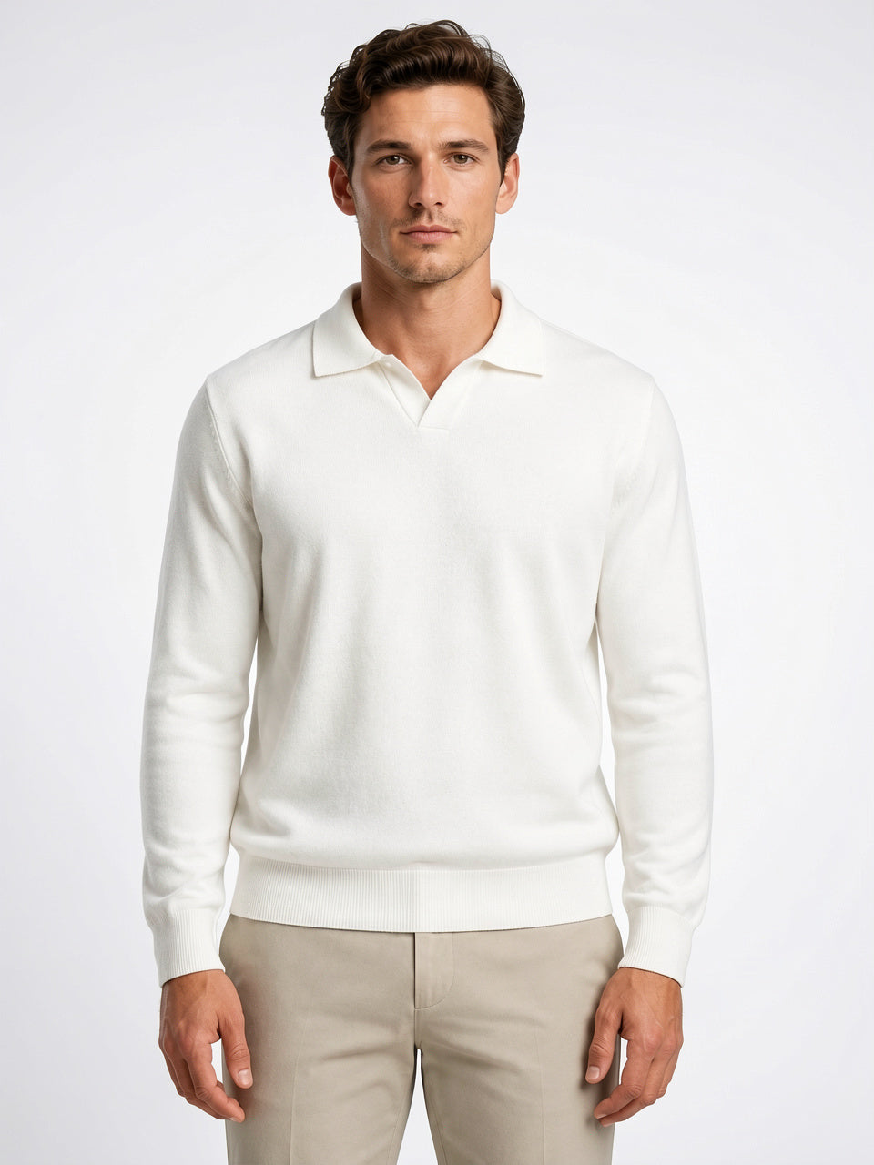 Polo Tricoté Col Ouvert Homme Maille Manches Longues - Blanc M