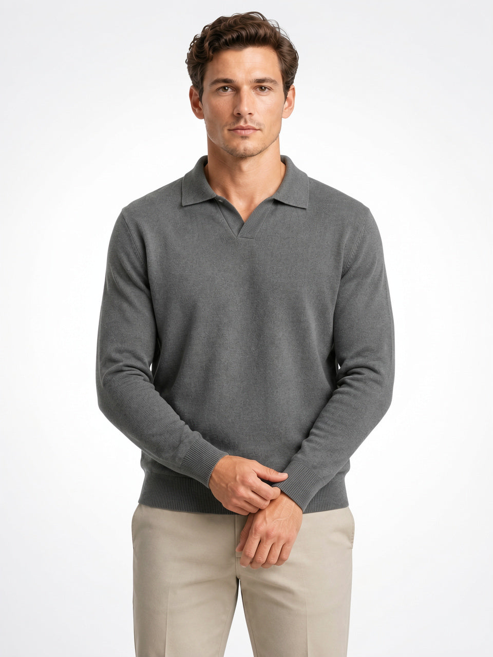 Polo Tricoté Col Ouvert Homme Maille Manches Longues - Gris M