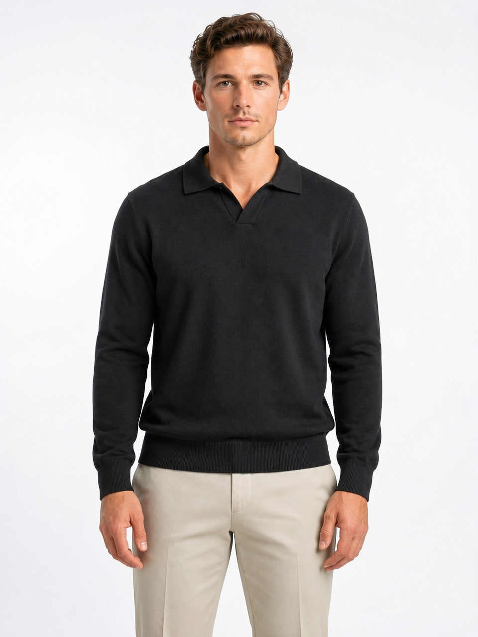 Polo Tricoté Col Ouvert Homme Maille Manches Longues - Noir M
