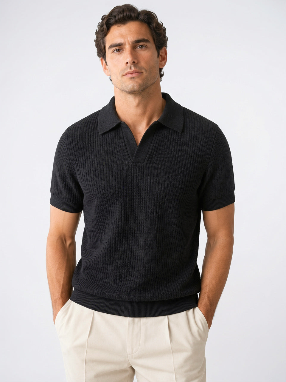 Polo Tricoté Homme Maille Léger Respirant Ajusté Décontracté - Noir M