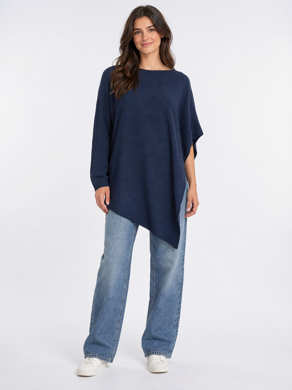 Poncho Tricot Femme Col Bateau Ourlet Asymétrique Large - Bleu Marine S