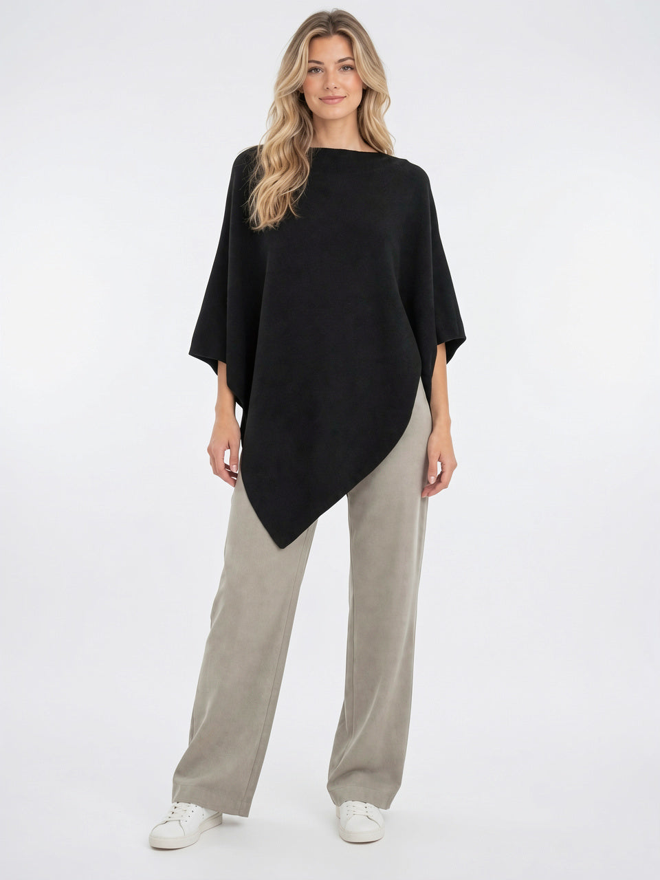 Poncho Tricot Femme Col Bateau Ourlet Asymétrique Large - Noir S