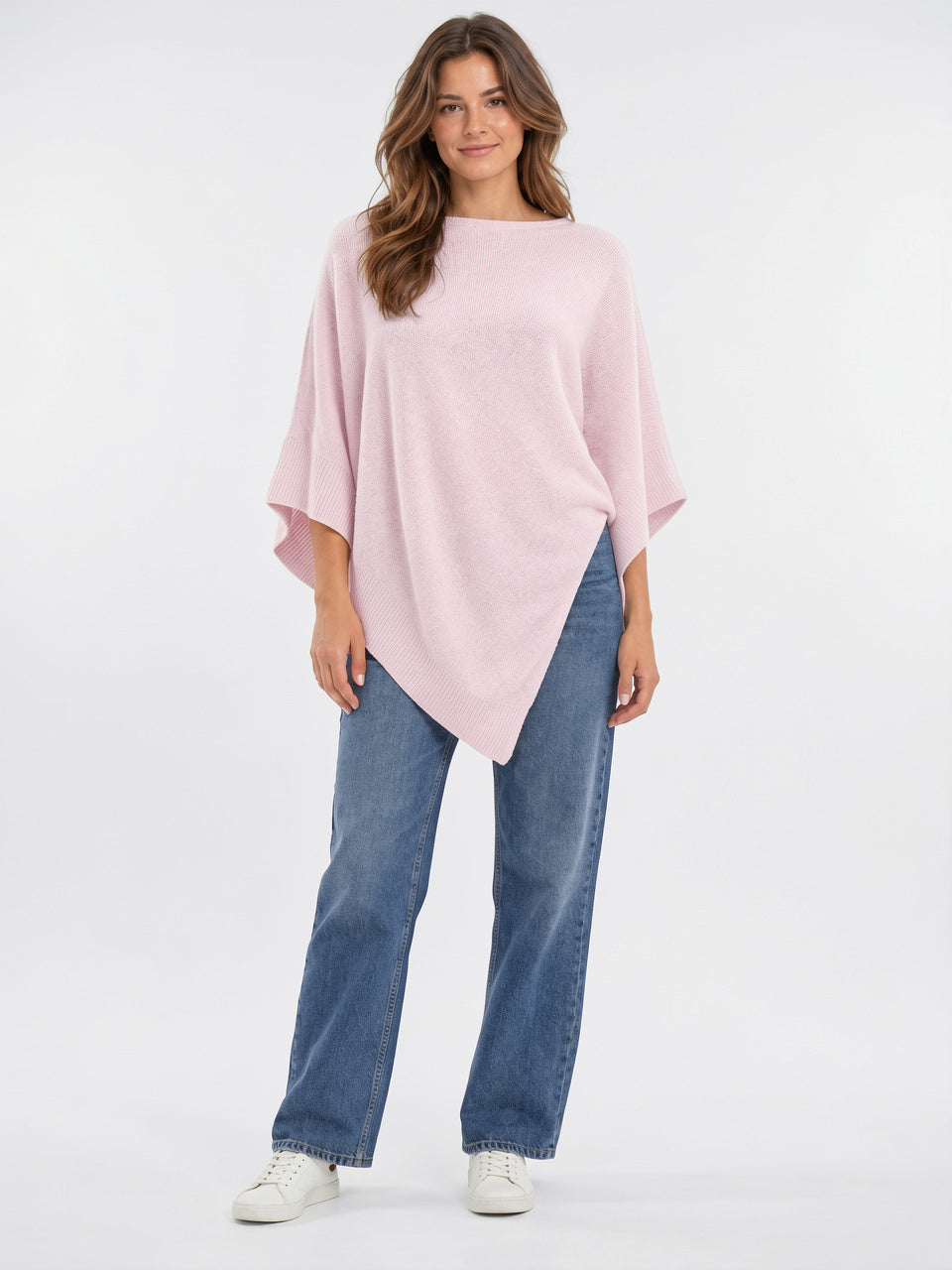 Poncho Tricot Femme Col Bateau Ourlet Asymétrique Large - Rose S