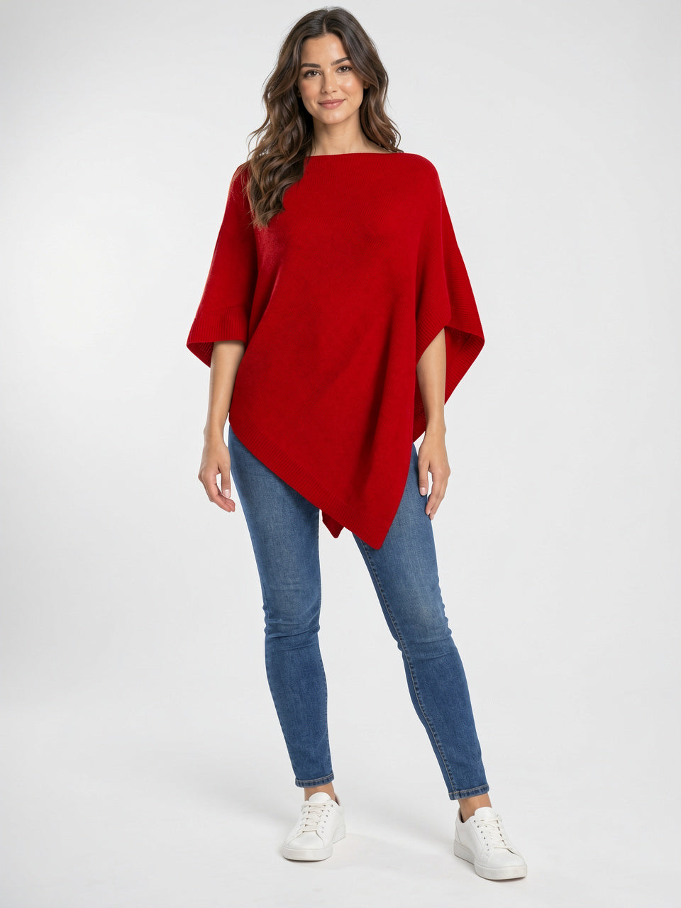 Poncho Tricot Femme Col Bateau Ourlet Asymétrique Large - Rouge S