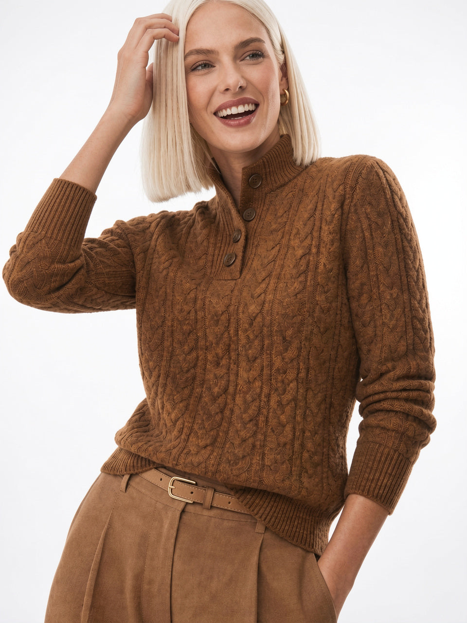Pull Cachemire Boutonné Col Montant Femme Torsadé - 1