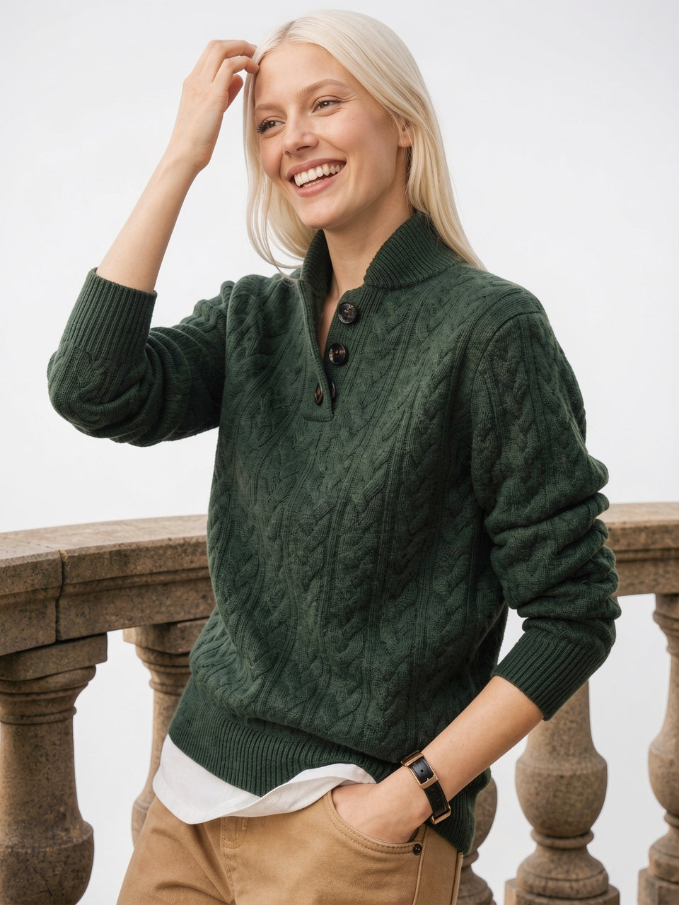 Pull Cachemire Boutonné Col Montant Femme Torsadé - 12